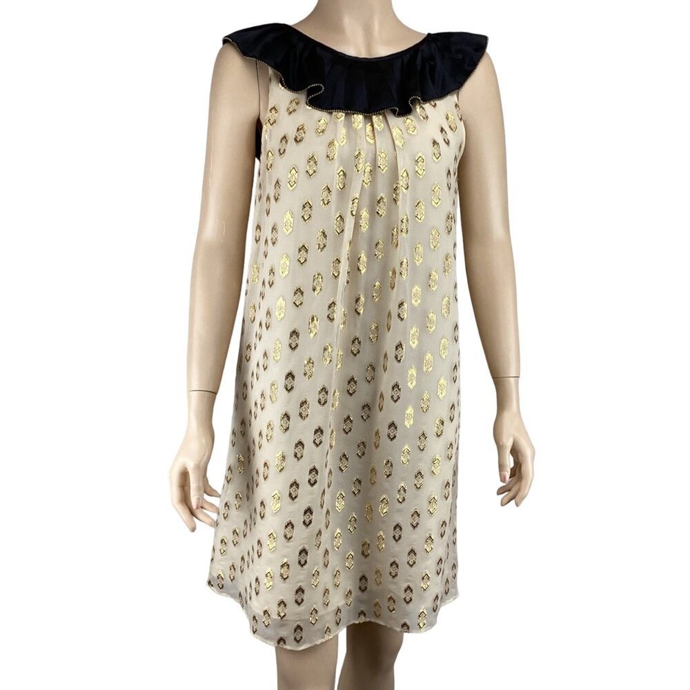 Lauren Moffatt Anthropologie Dress Size 4‎ Silk Gold Metallic Embellishment